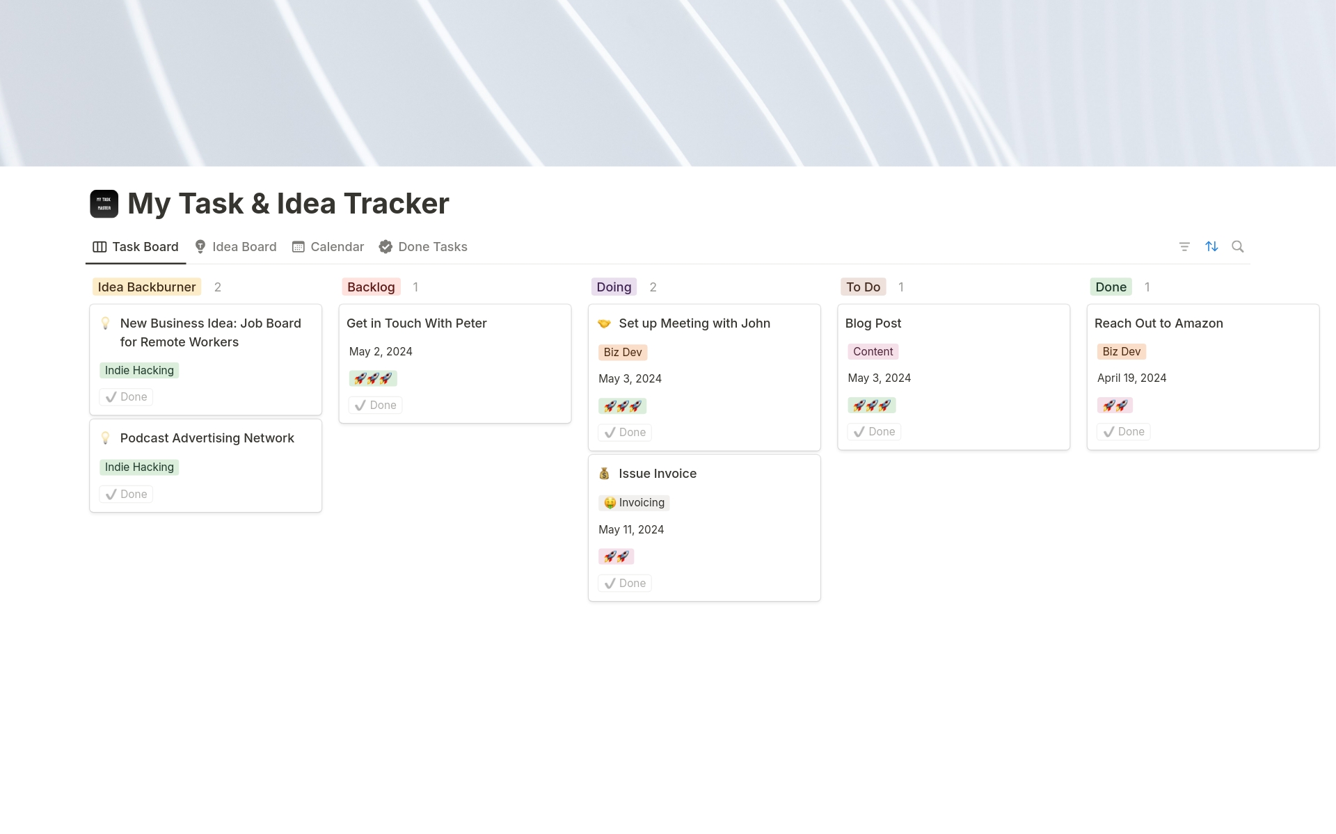 En förhandsgranskning av mallen för My Task & Idea Tracker