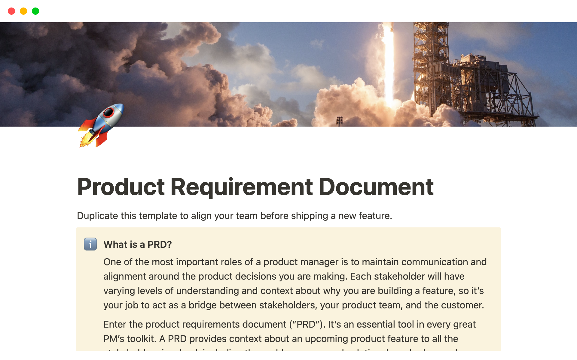 Get a comprehensive guide to defining the scope and requirements for your product development process with the PRD template for Notion, featuring AI-generated examples and guidance for each section.