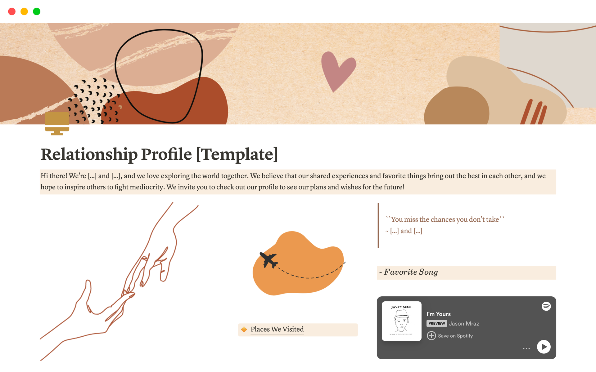 The Relationship Profile is an elegant Notion template designed to create a unique public profile for couples, enabling them to share their journey, memories, and future plans in a visually appealing and accessible format.