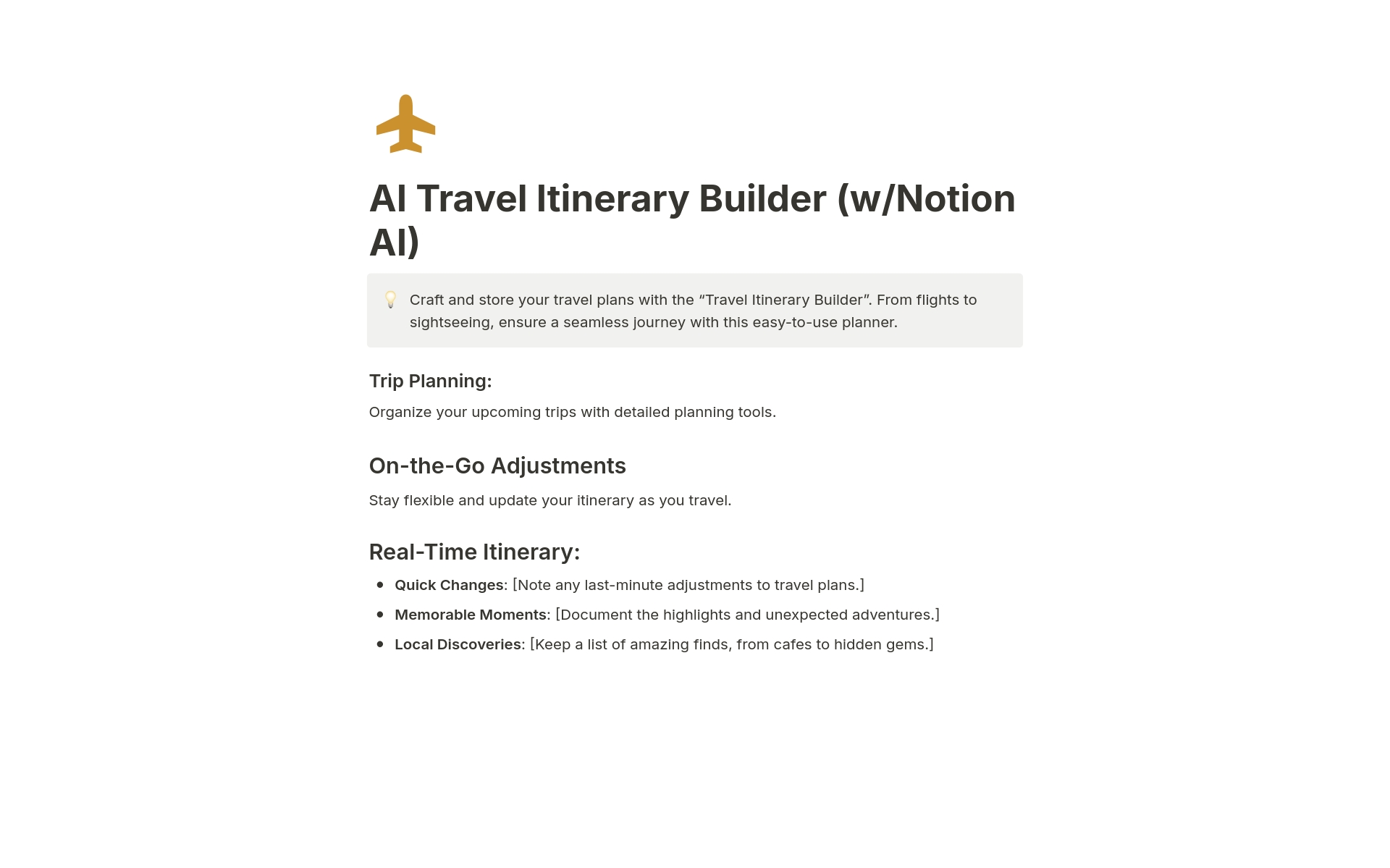 En förhandsgranskning av mallen för AI Travel Itinerary Builder