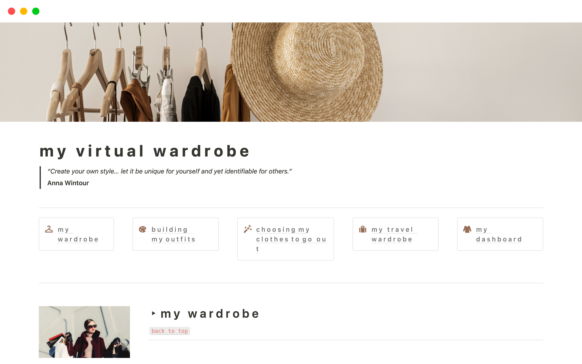 My Virtual Wardrobe helps individuals catalog clothes, create outfits, pick out clothes to go out, track travel packing, create and keep a wishlist, and get wearing suggestions based on estimate vs. actual cost-per-wear comparisons displayed on a self-explained dashboard.