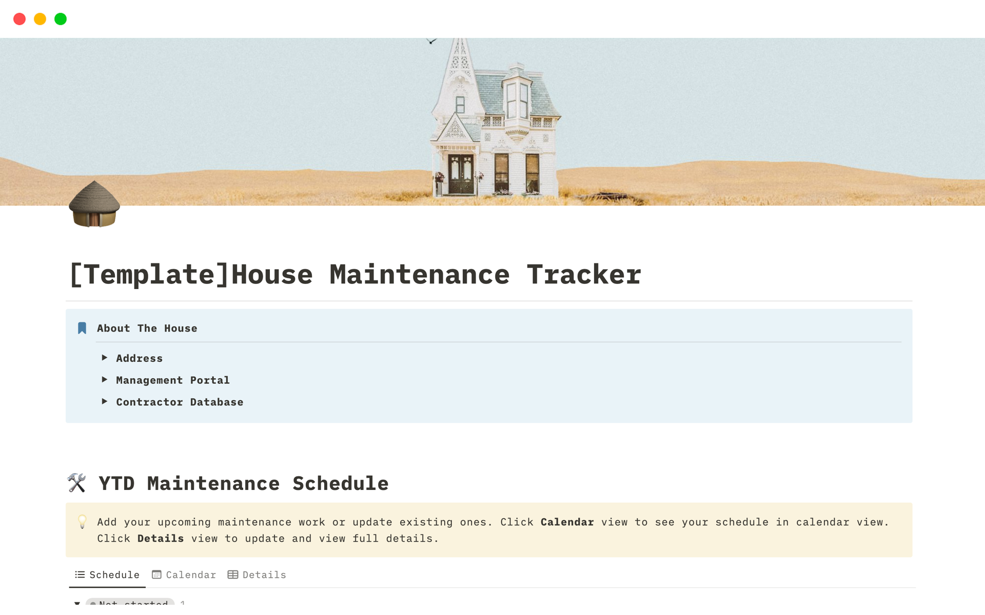 A template preview for House Maintenance Tracker