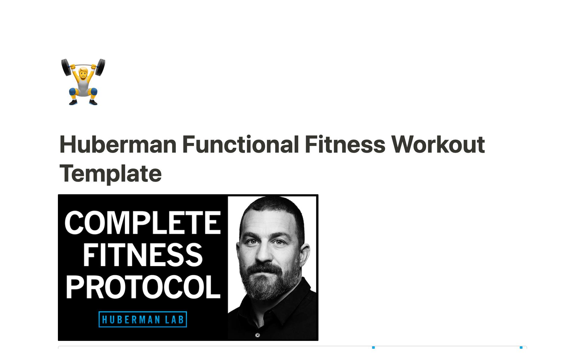 En förhandsgranskning av mallen för Huberman Functional Fitness Workout Template