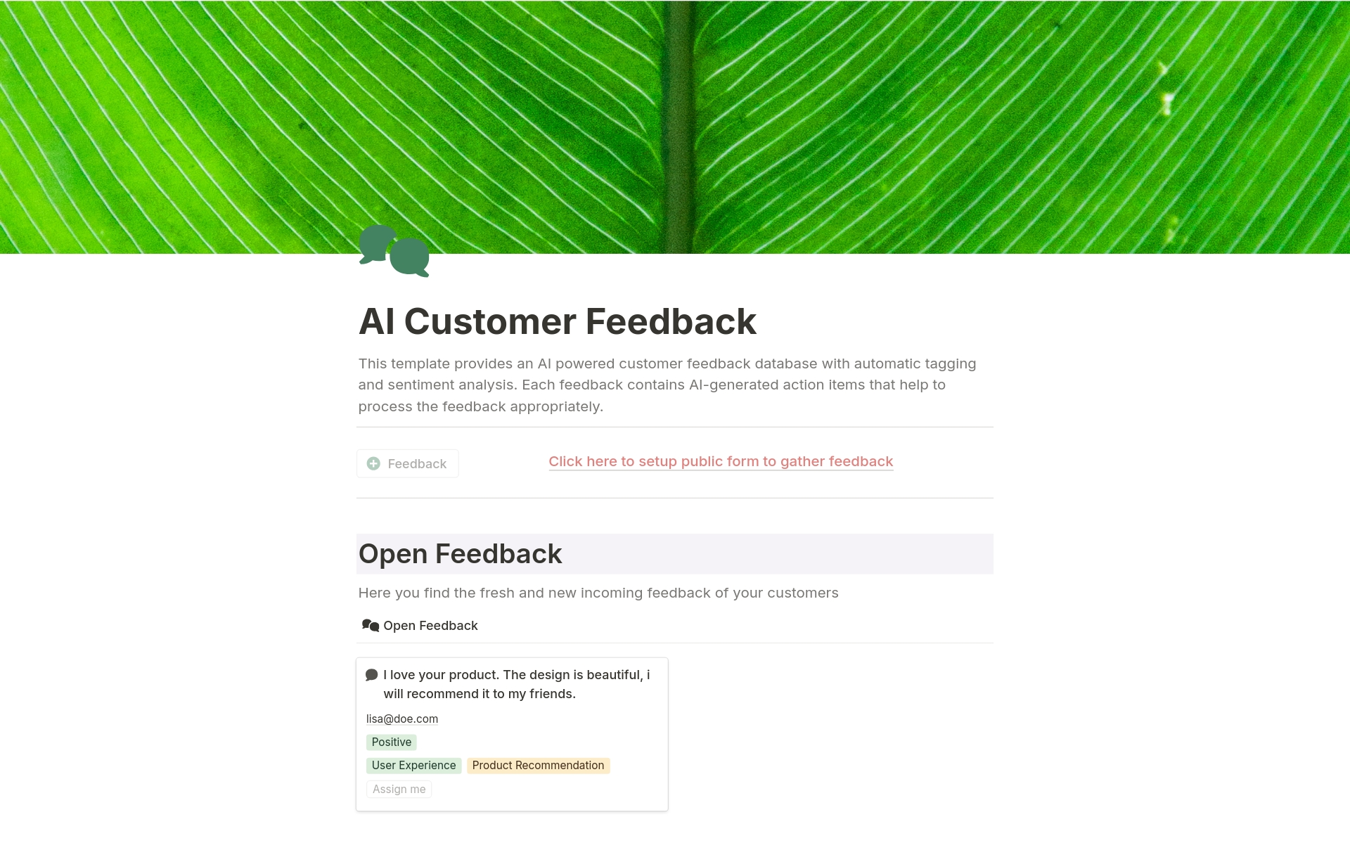 AI-powered Notion template for customer feedback!  Analyze sentiment, manage workflow & respond to customers directly. 
