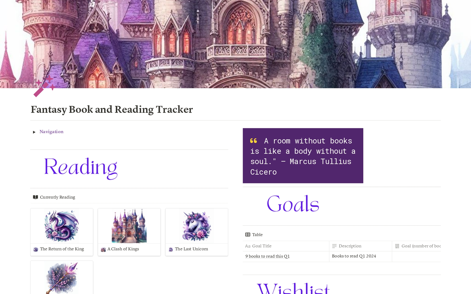 Vista previa de una plantilla para Fantasy Reading & Book Tracker PLR