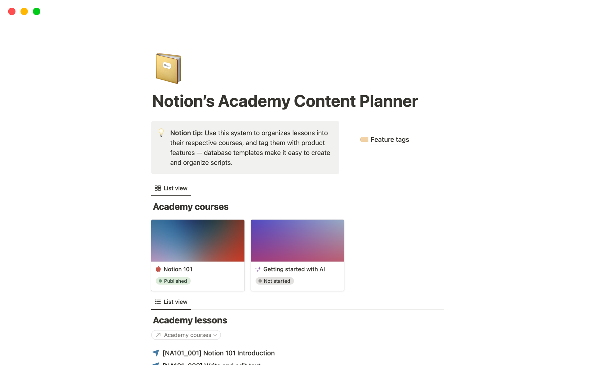 A template preview for Notion’s Academy Content Planner