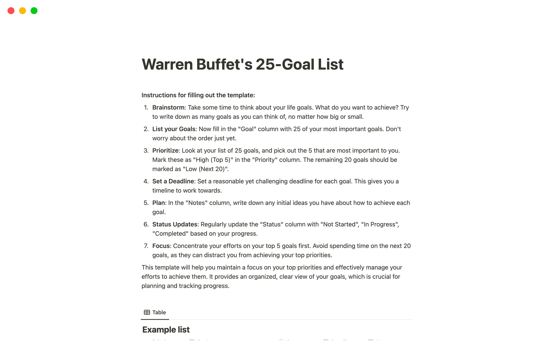 Boost your productivity and focus with our '25 Goals List' Notion template. Based on Warren Buffet's success strategy, this very simple template will guide you in prioritizing your life's top goals.