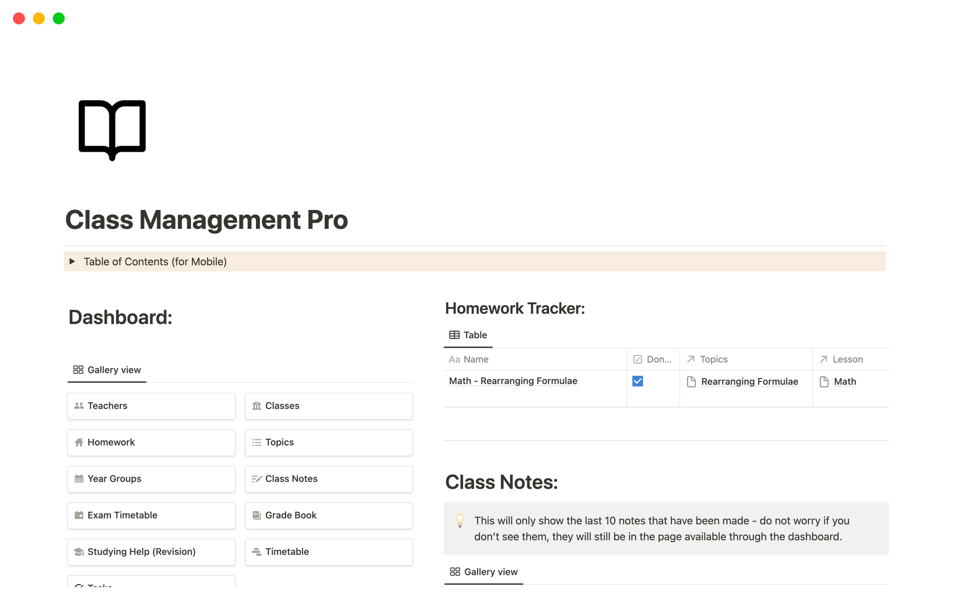 Eine Vorlagenvorschau für Class Management Pro