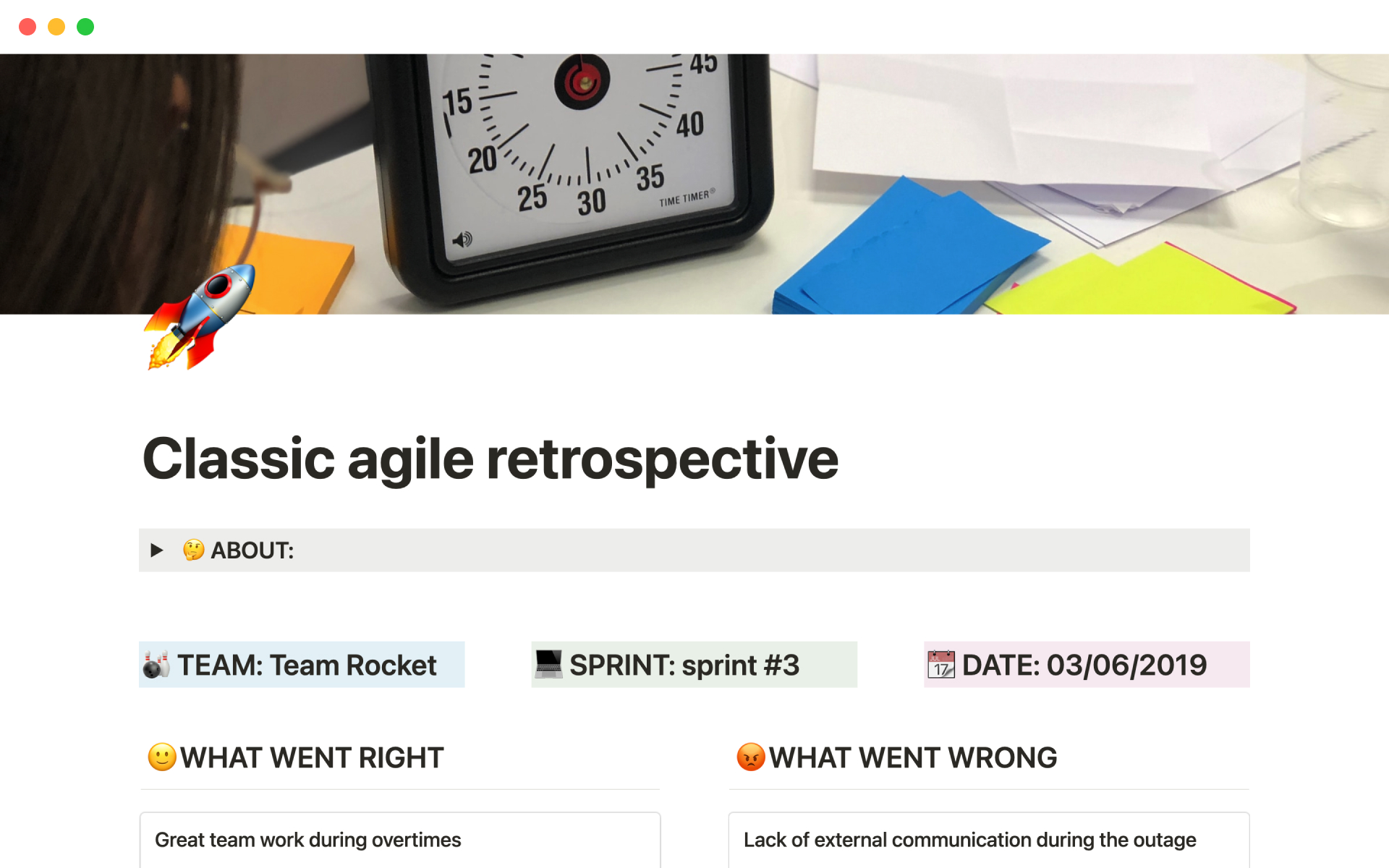 A template preview for Agile retrospective