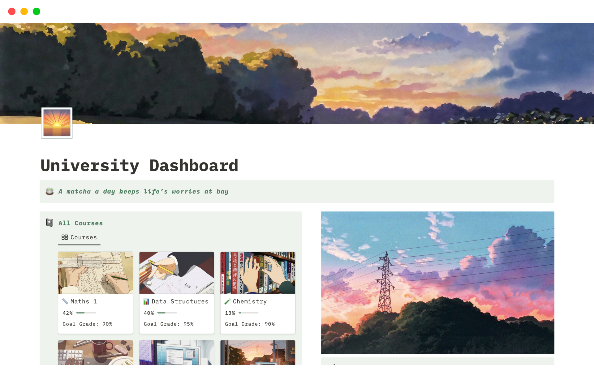 A template preview for Sunset Serenity University Dashboard