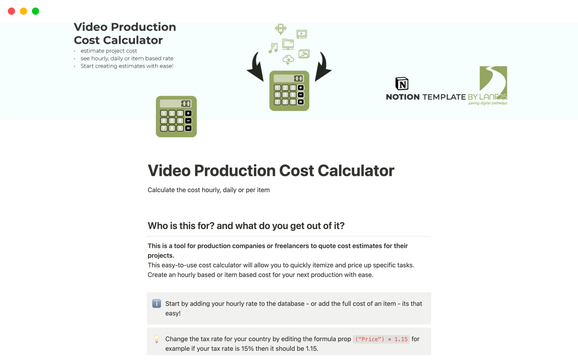 A template preview for Video Production Cost Calculator