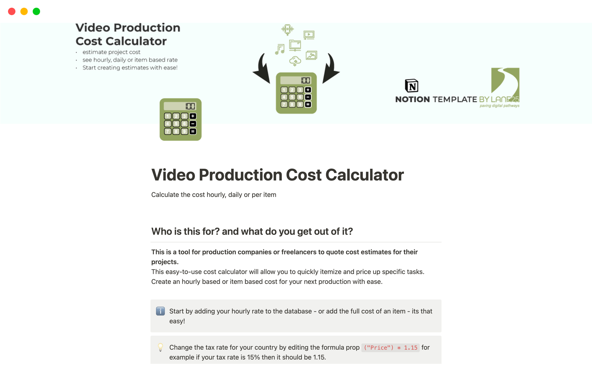 Eine Vorlagenvorschau für Video Production Cost Calculator