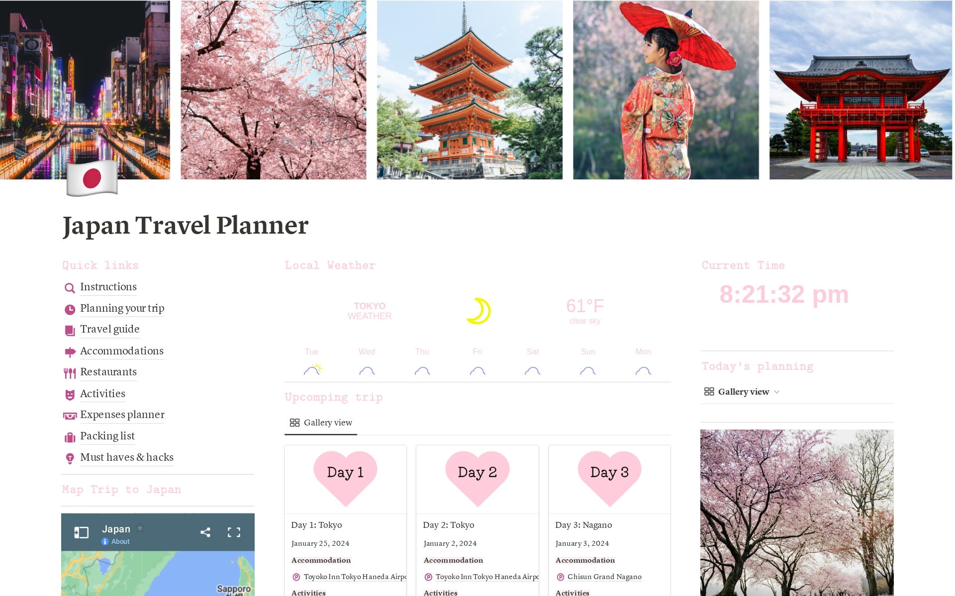 Japan Travel planner Notion template: Organize trip to Japan, travel guide, plan itineraries, journal & Travel digital with Notion Dashboard