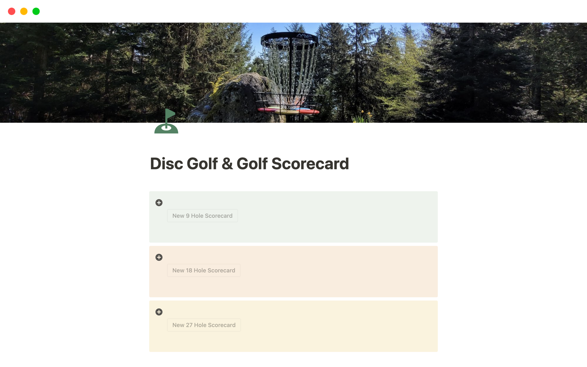 This Notion scorecard template allows you to digitally track your individual score for 9,18, and 27 hole layouts. You can also add or subtract holes from your scorecard.