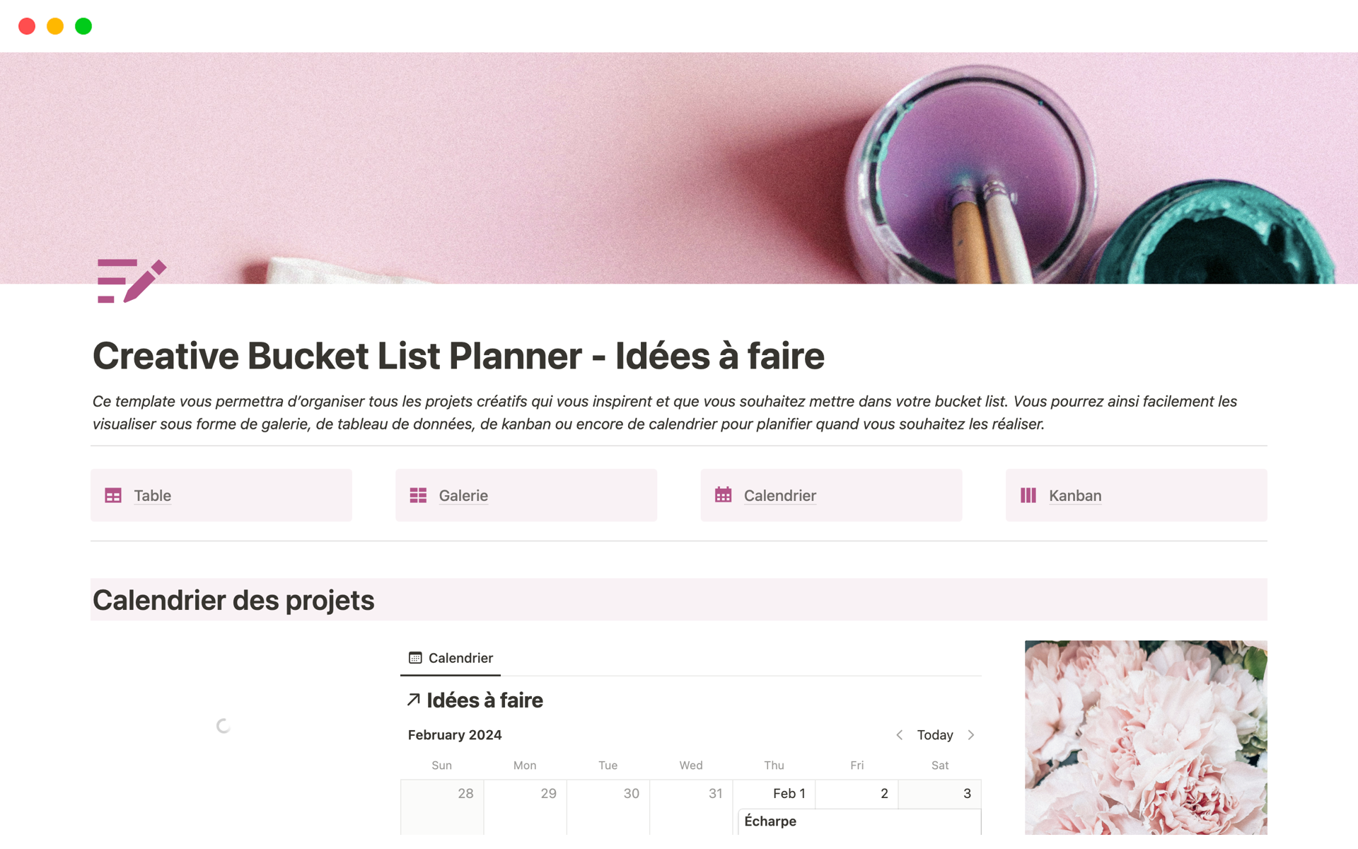 A template preview for Creative Bucket List Planner - Idées à faire