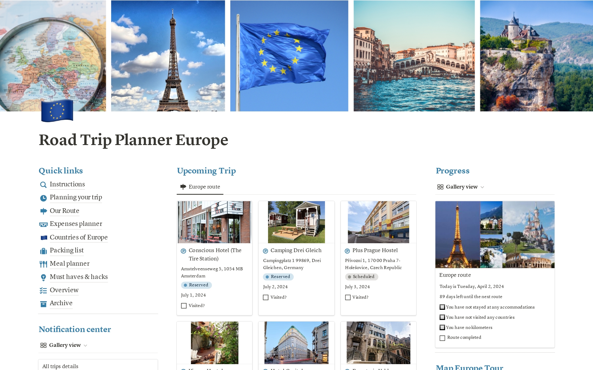 A template preview for Road Trip Planner Europe