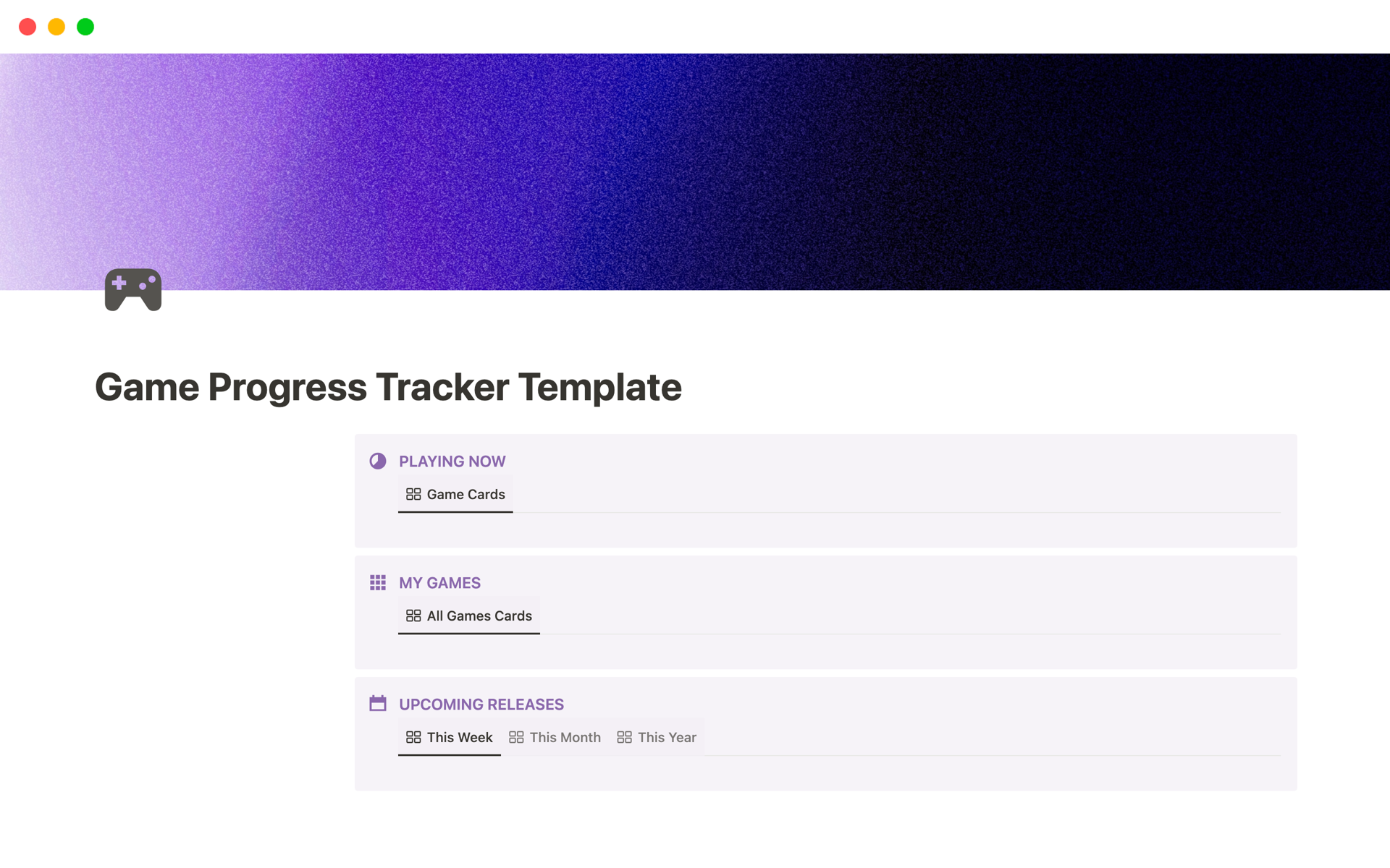 Vista previa de una plantilla para Game Progress Tracker