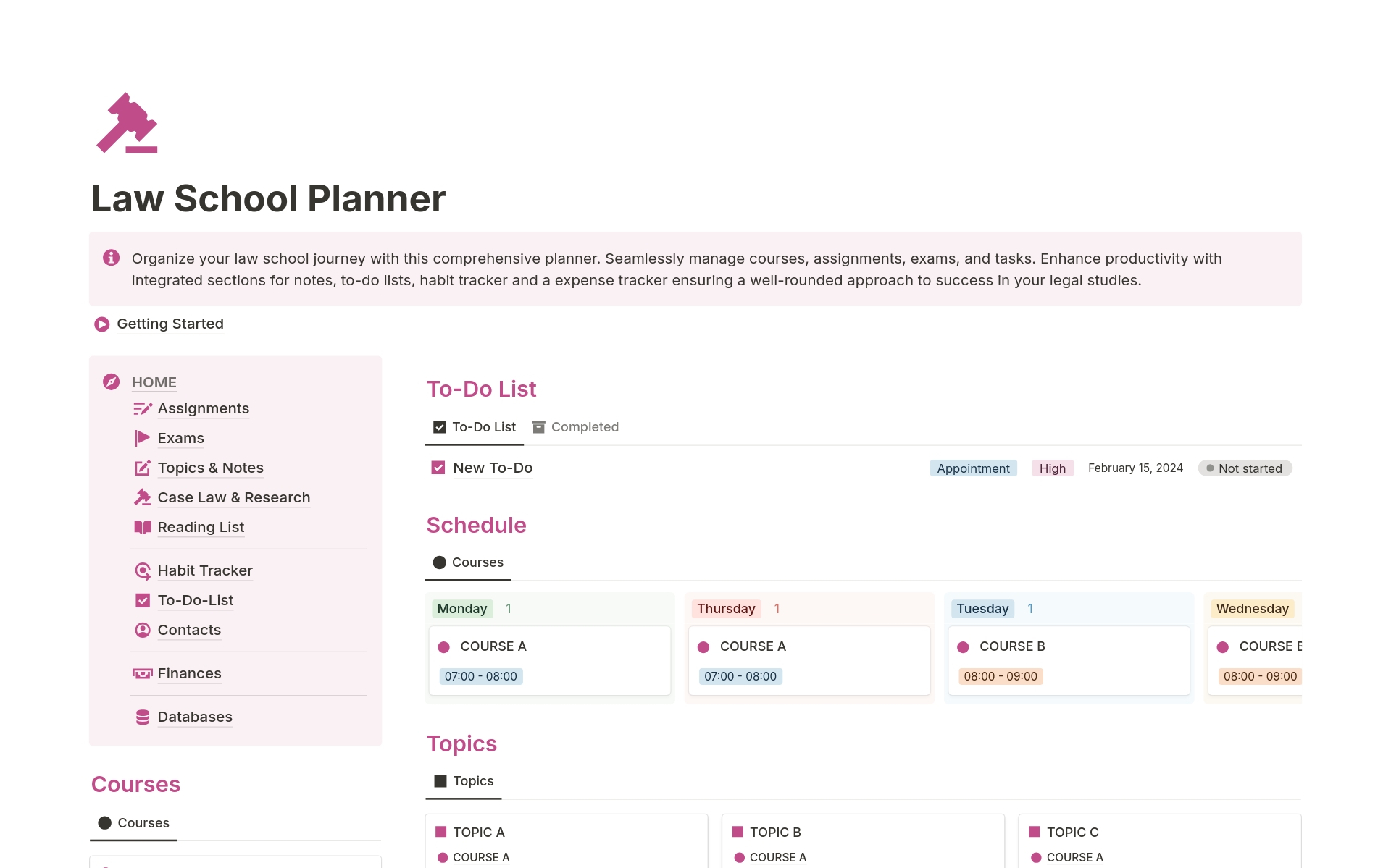 A template preview for Law School Planner