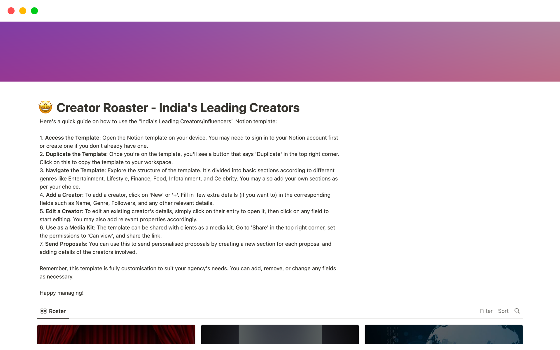 A template preview for The Creator Roster - India's Leading Creators