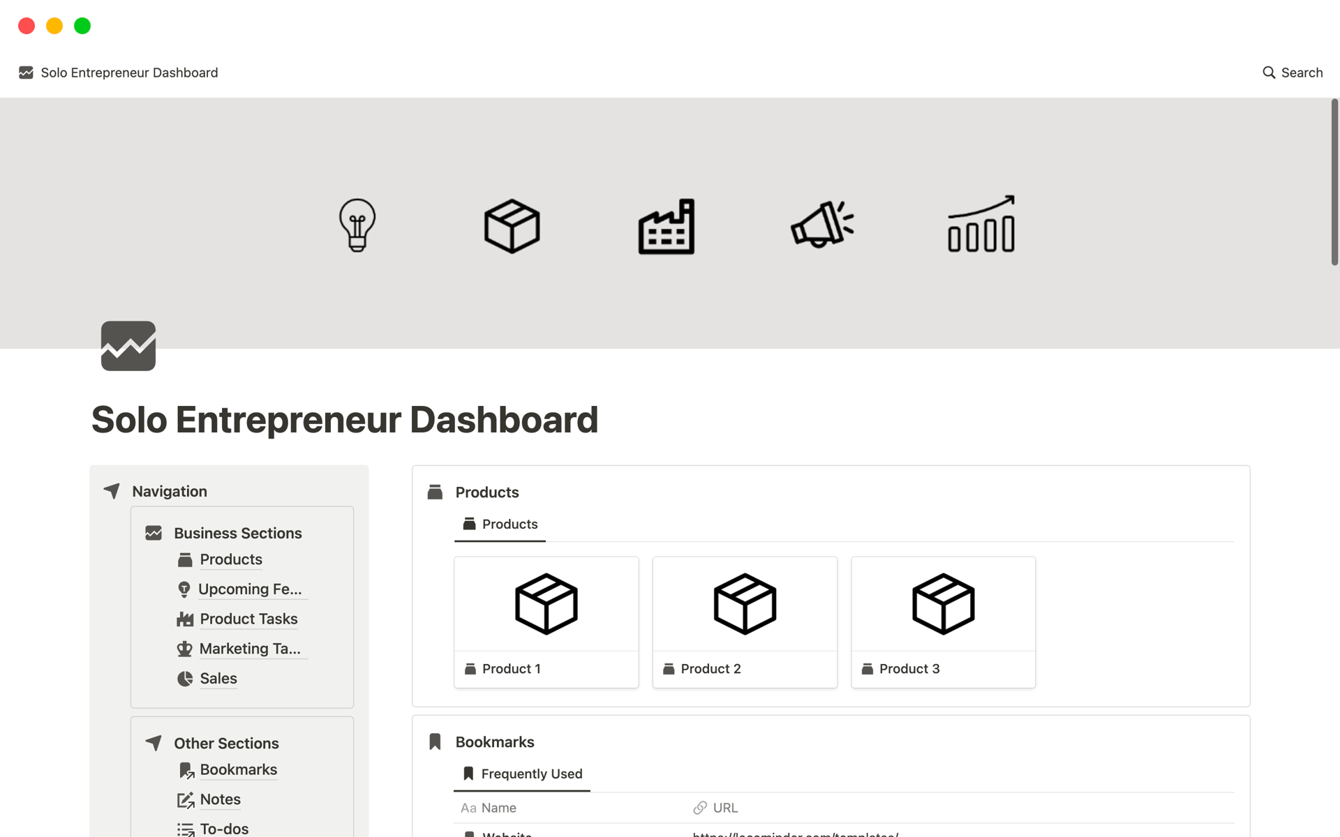 A template preview for Solo Entrepreneur Dashboard