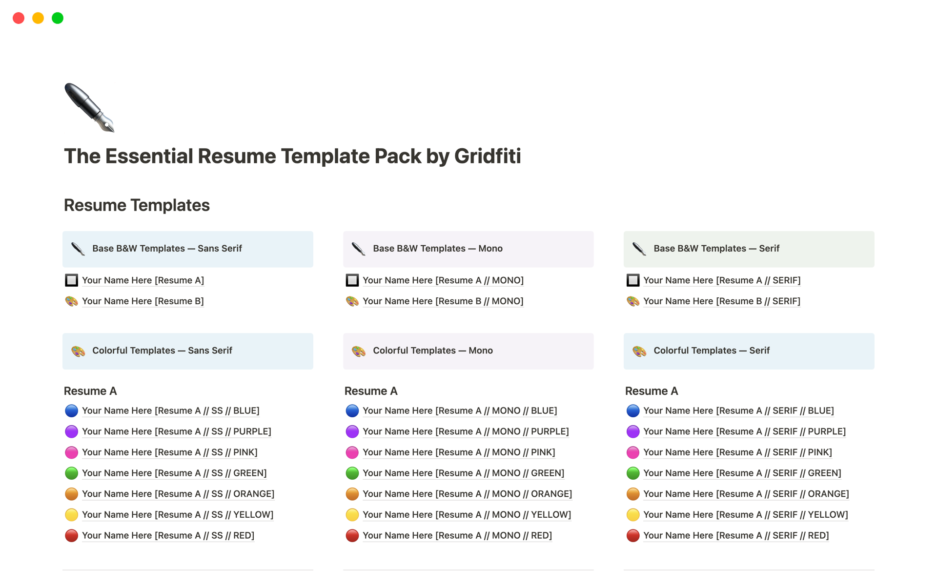 A template preview for The Essential Resume Template Pack by Gridfiti