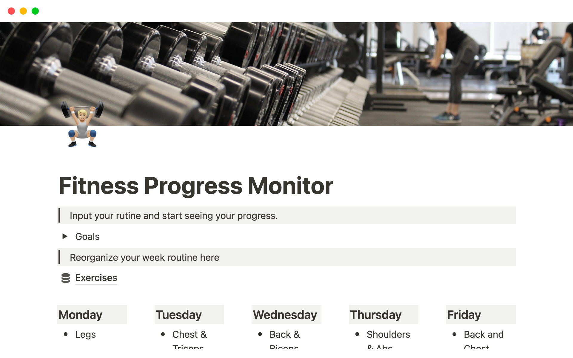 Fitness progress monitor template notion marketplace