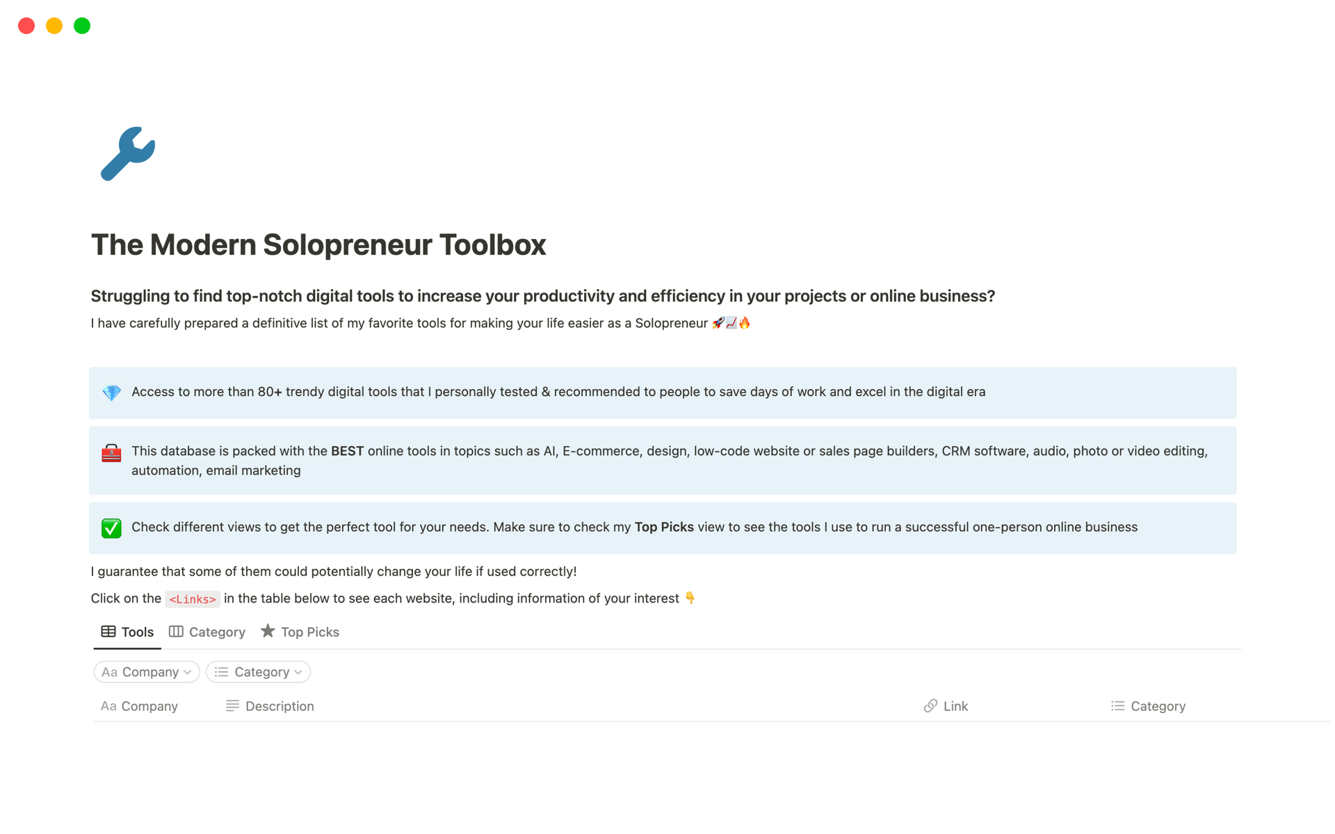 A template preview for The Modern Solopreneur Toolbox