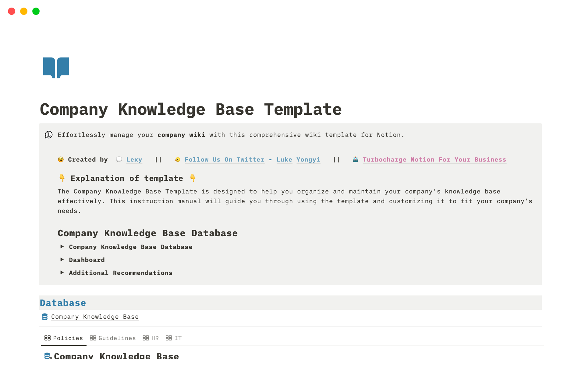 Vista previa de una plantilla para Company Knowledge Base