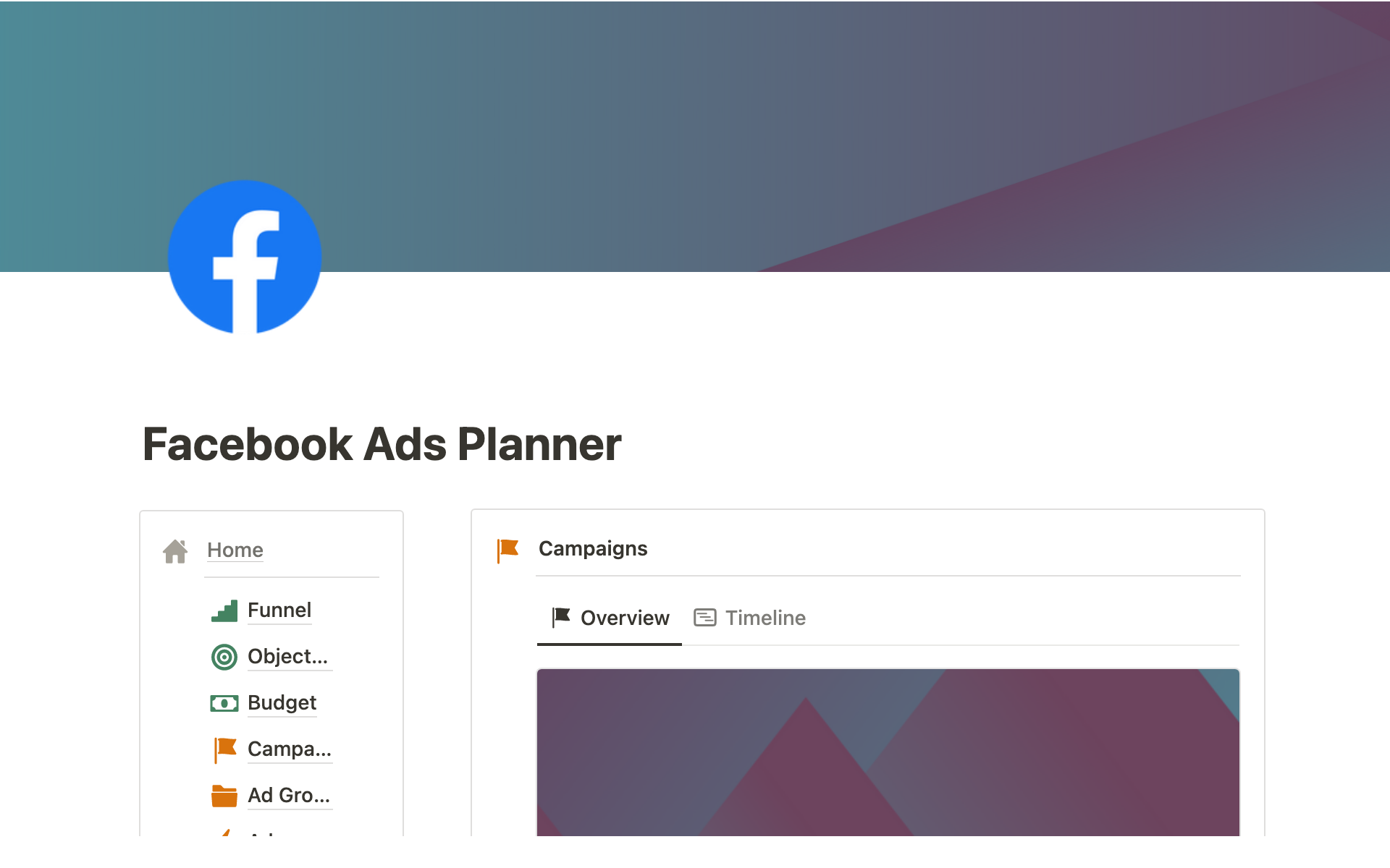 A template preview for Meta (Facebook) Ads Planner