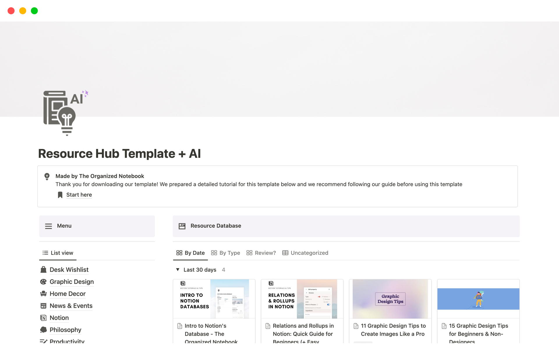 A template preview for Resource Hub Template + AI