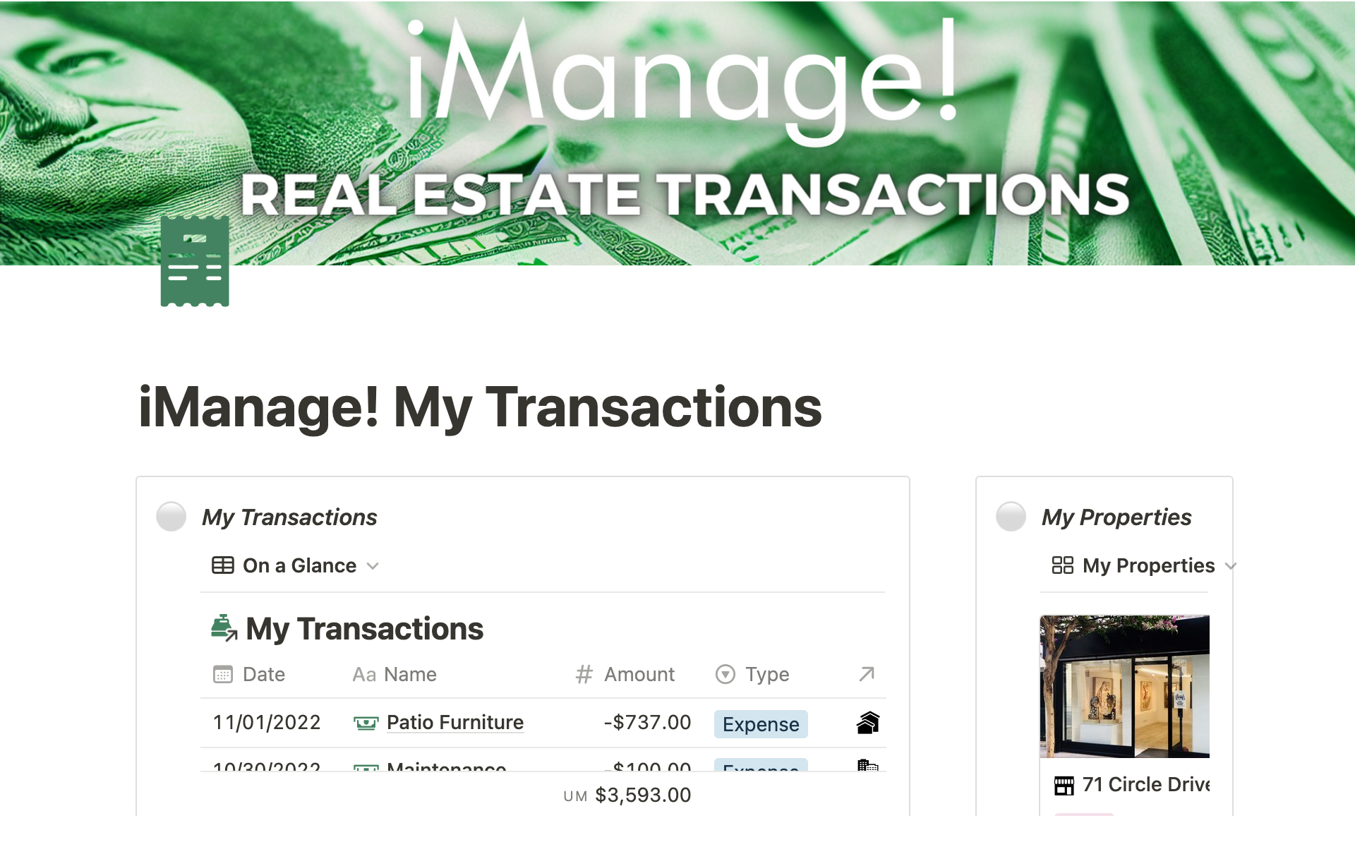 Eine Vorlagenvorschau für iManage! My Transactions - Real Estate Investor's Transaction Manager