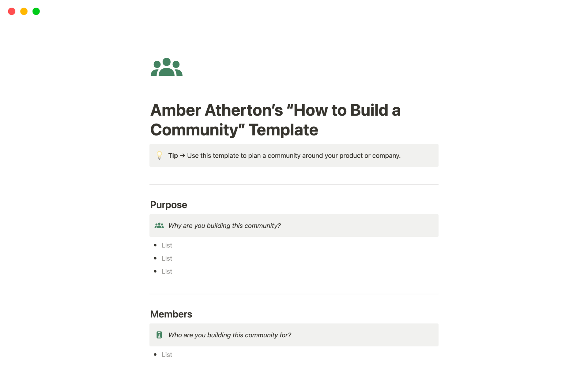 Use this template to plan a community around your product or company.