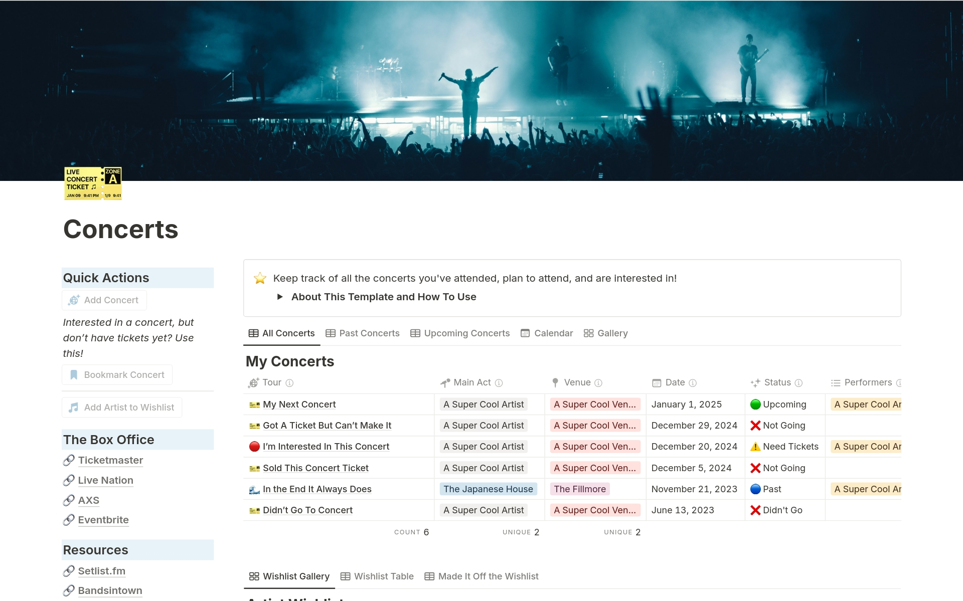 En forhåndsvisning av mal for Concert Tracker