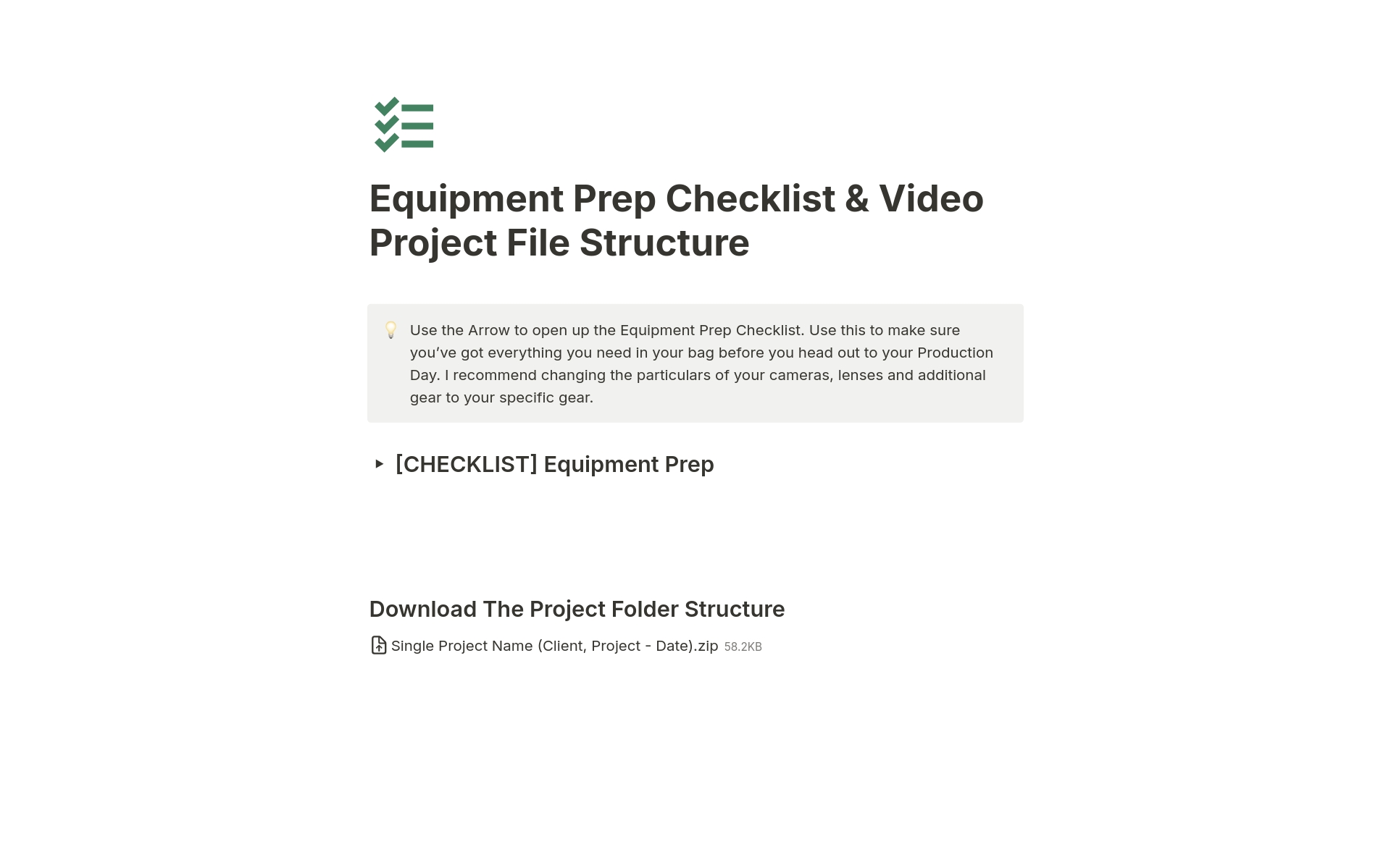 A template preview for Video Gear Prep Checklist & Folder Structure