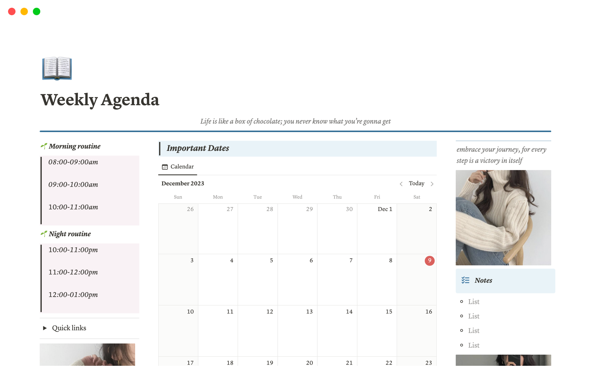 Weekly agenda for organization and management notion template.