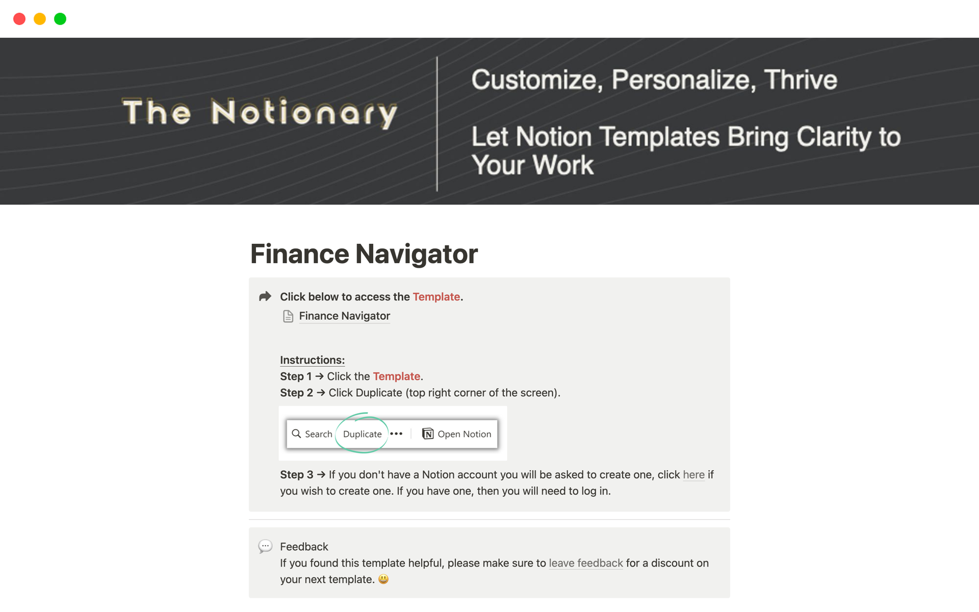 En forhåndsvisning av mal for Finance Navigator