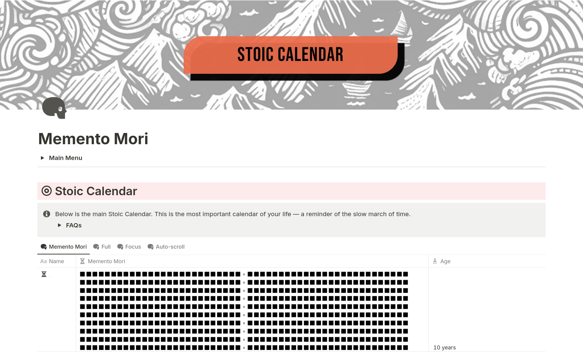 The first fully-automated stoic calendar in Notion. Watch the white squares turn black with each passing week.