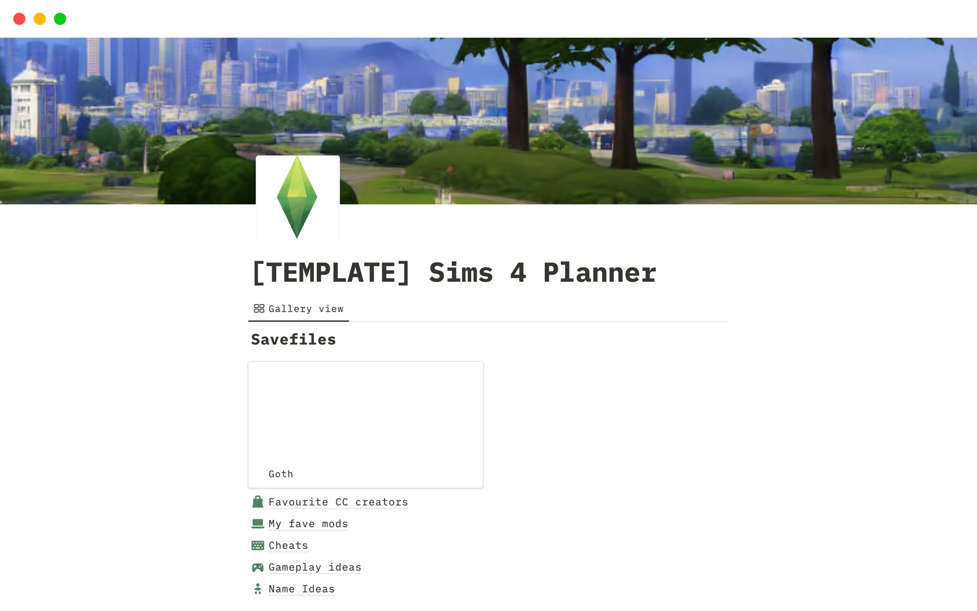 A template preview for Sims 4 Planner