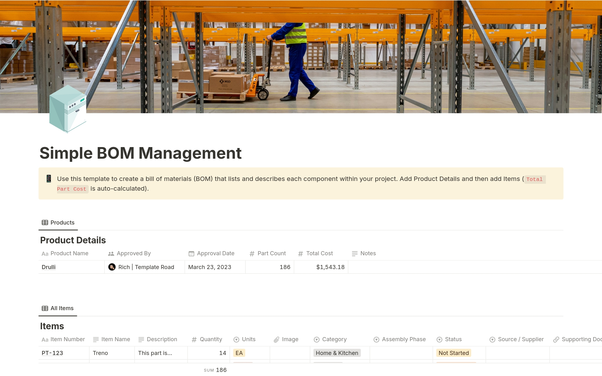 Eine Vorlagenvorschau für Bill of Materials (BoM) Management
