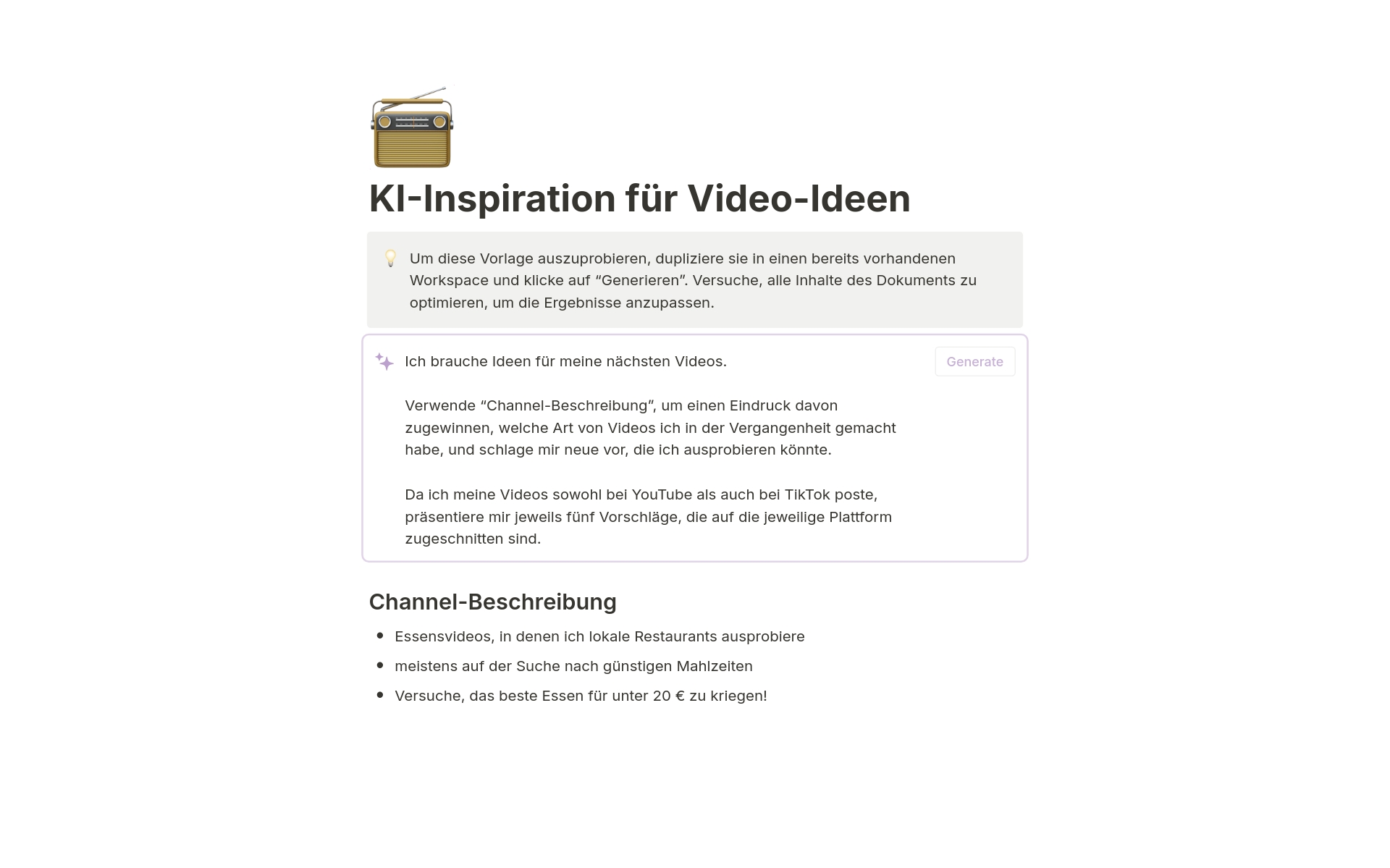 Eine Vorlagenvorschau für KI-Inspiration für Video-Ideen
