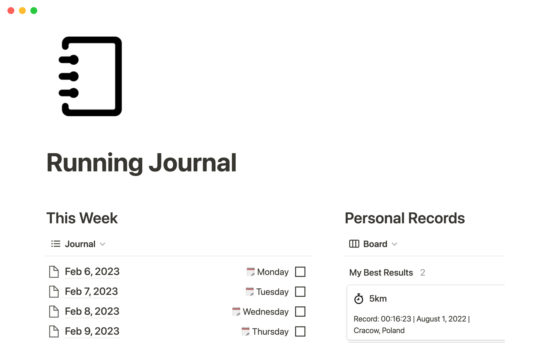 A template preview for Running journal