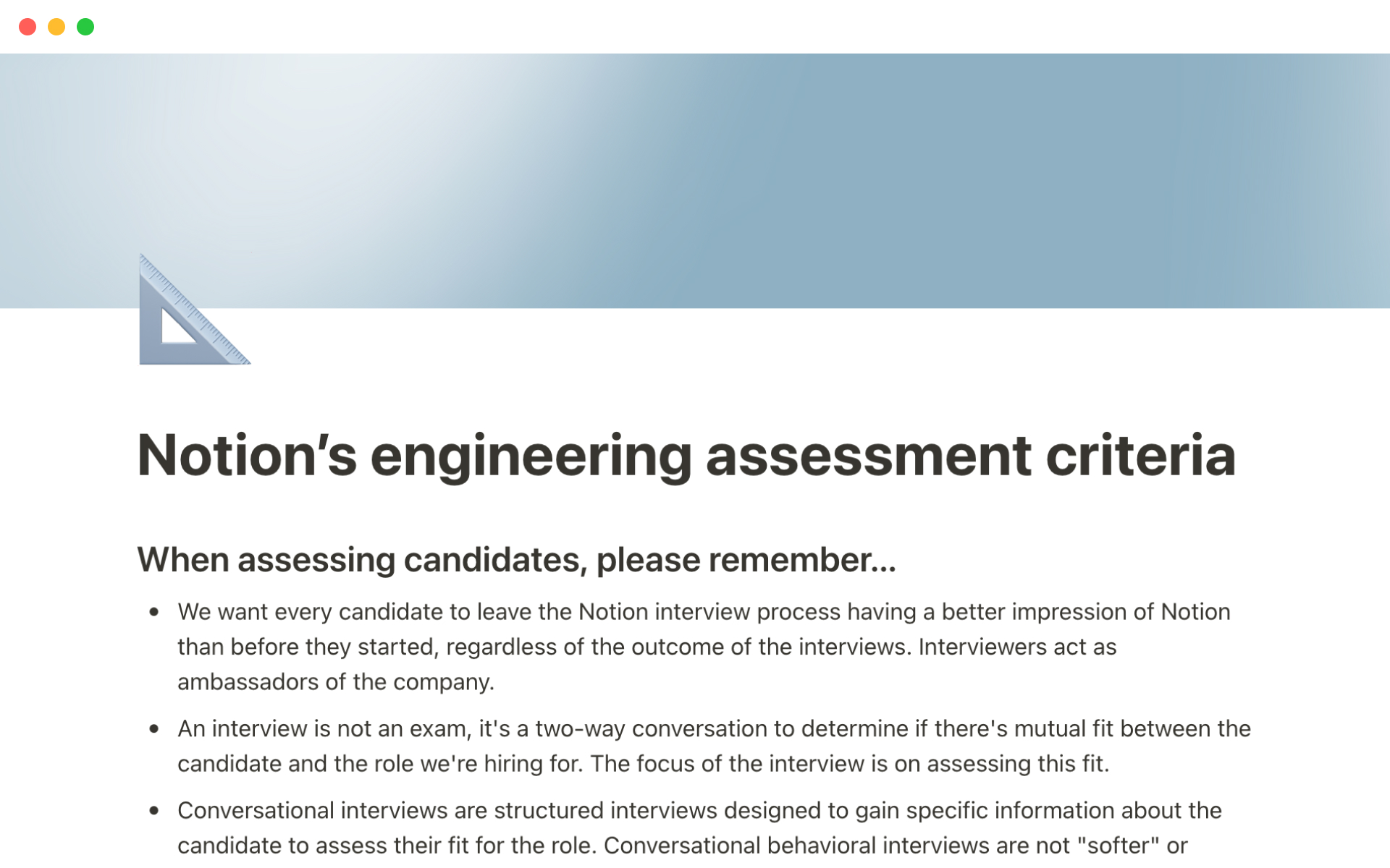 A template preview for Notion’s engineering assessment criteria