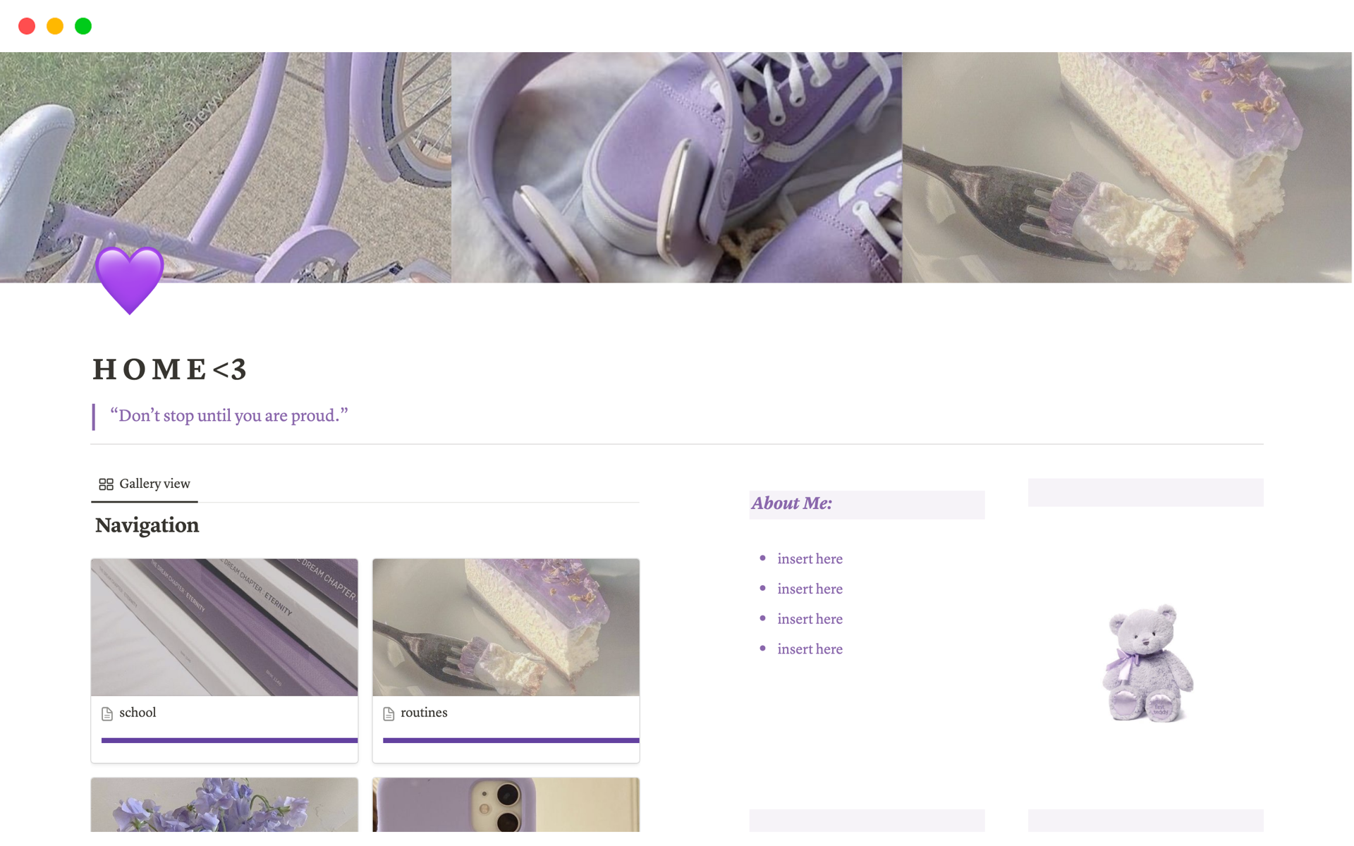 A template preview for Purple Notion Template