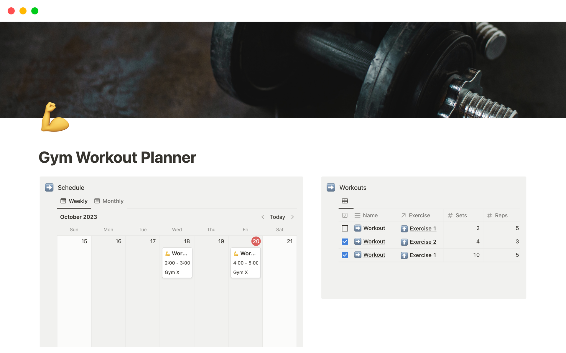 Vista previa de plantilla para Gym Workout Planner