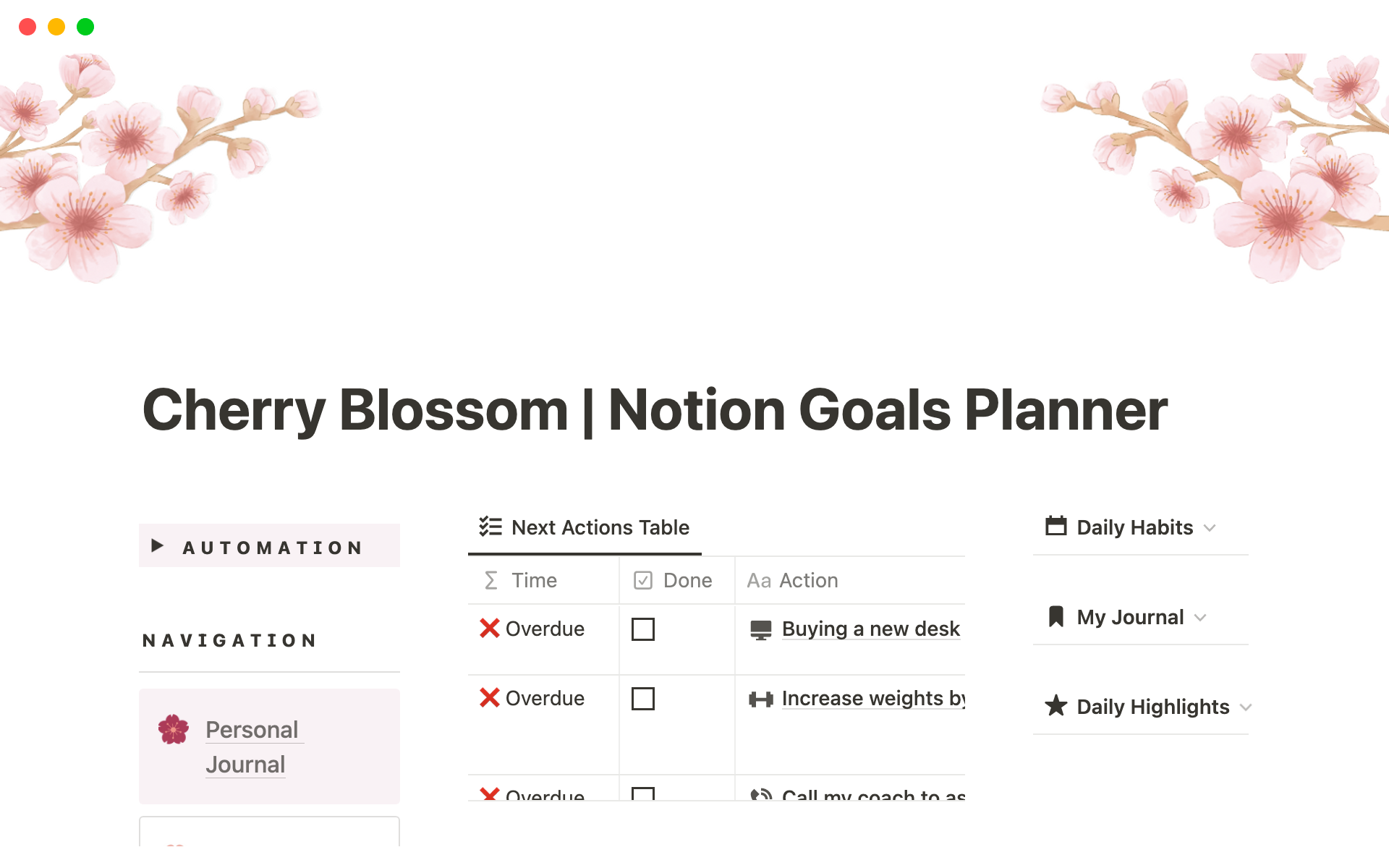 Uma prévia do modelo para Cherry Blossom | Goals Planner