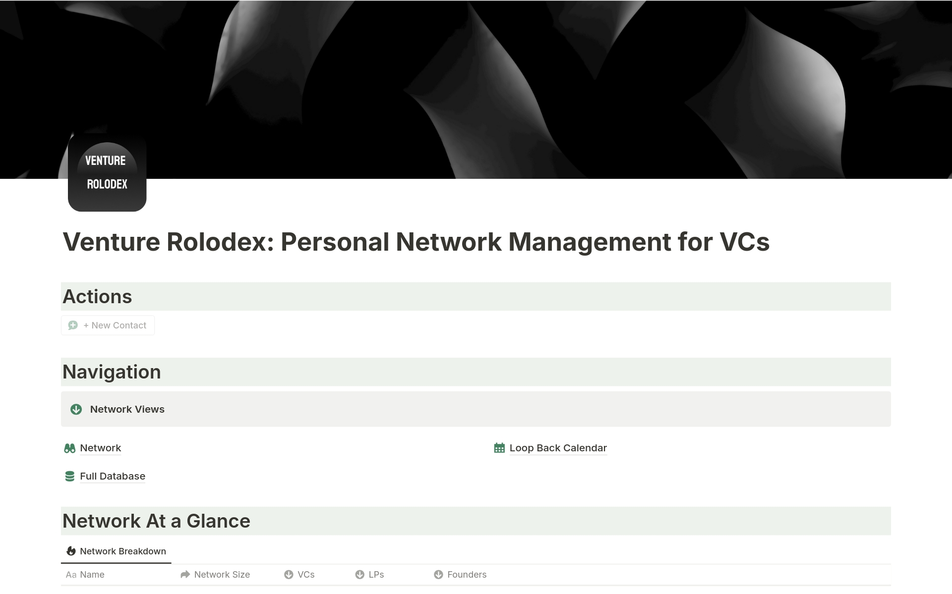A template preview for Venture Rolodex: Network Management for VCs