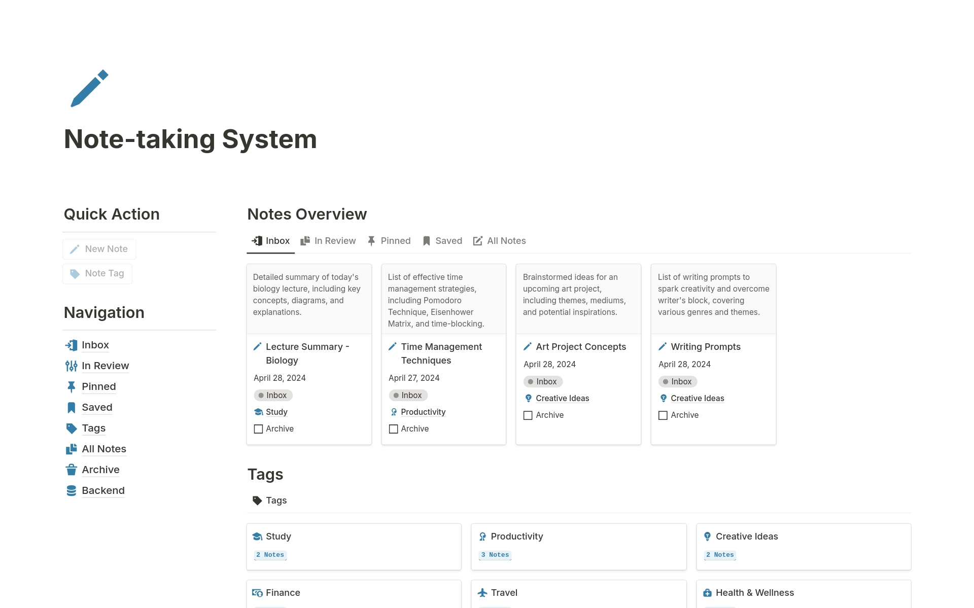 A template preview for Note-taking System