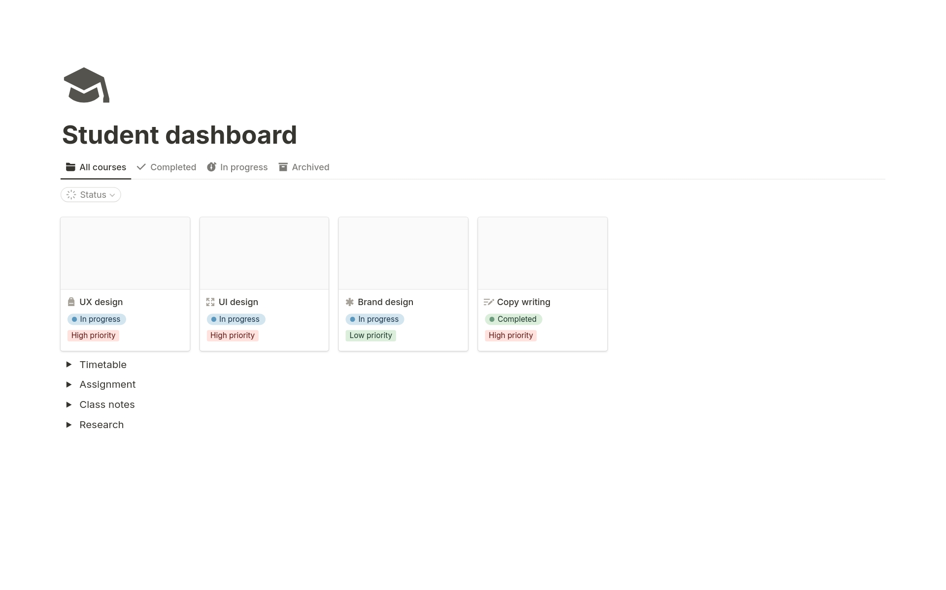 A template preview for STUDENT DASHBOARD