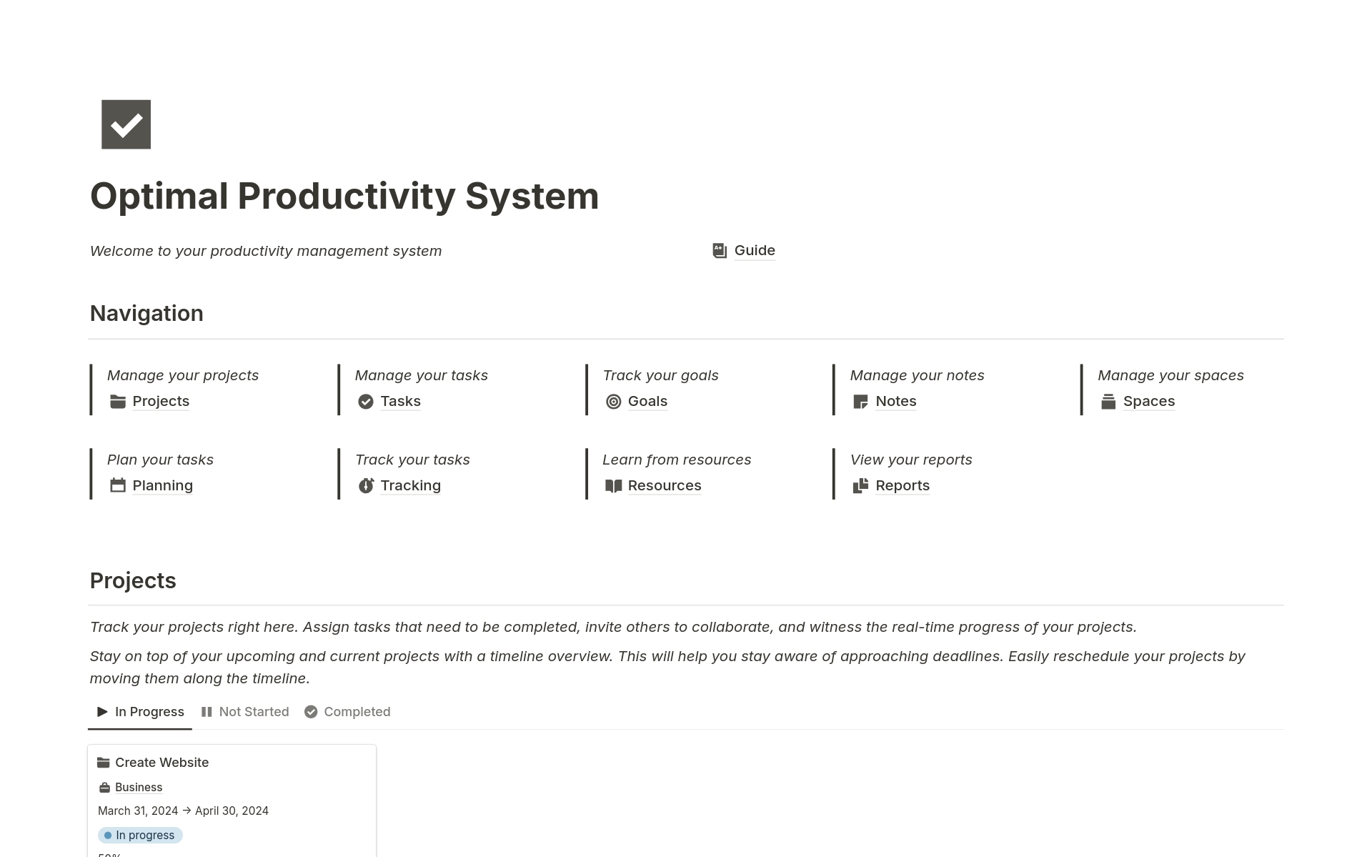 Eine Vorlagenvorschau für Productivity System
