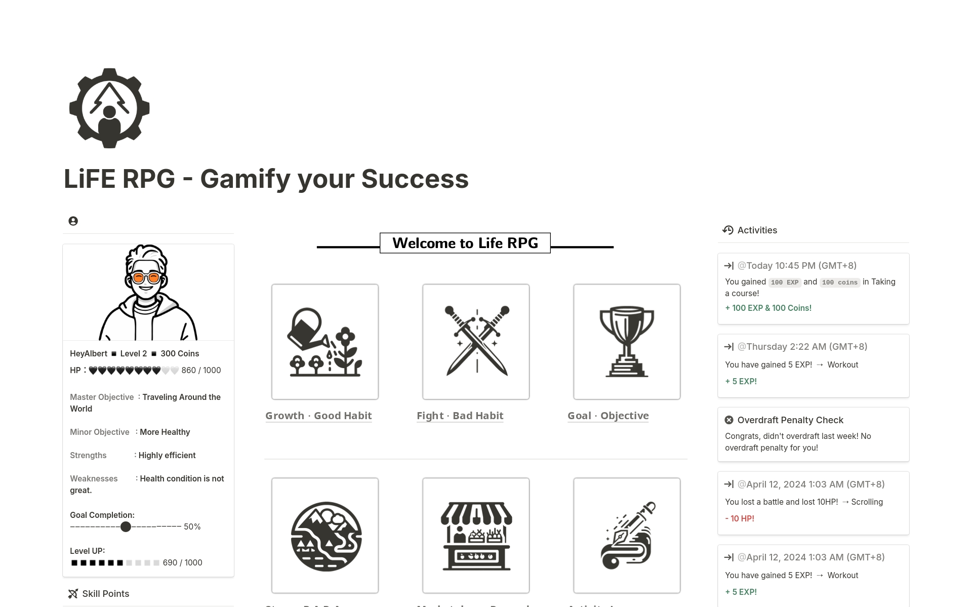 En forhåndsvisning av mal for LiFE RPG - Gamify your Success